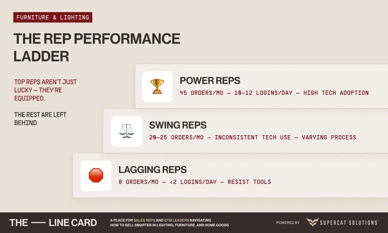 Rep management data visualizes the performance gap between power reps, swing reps, and lagging reps in the furniture and lighting industry.