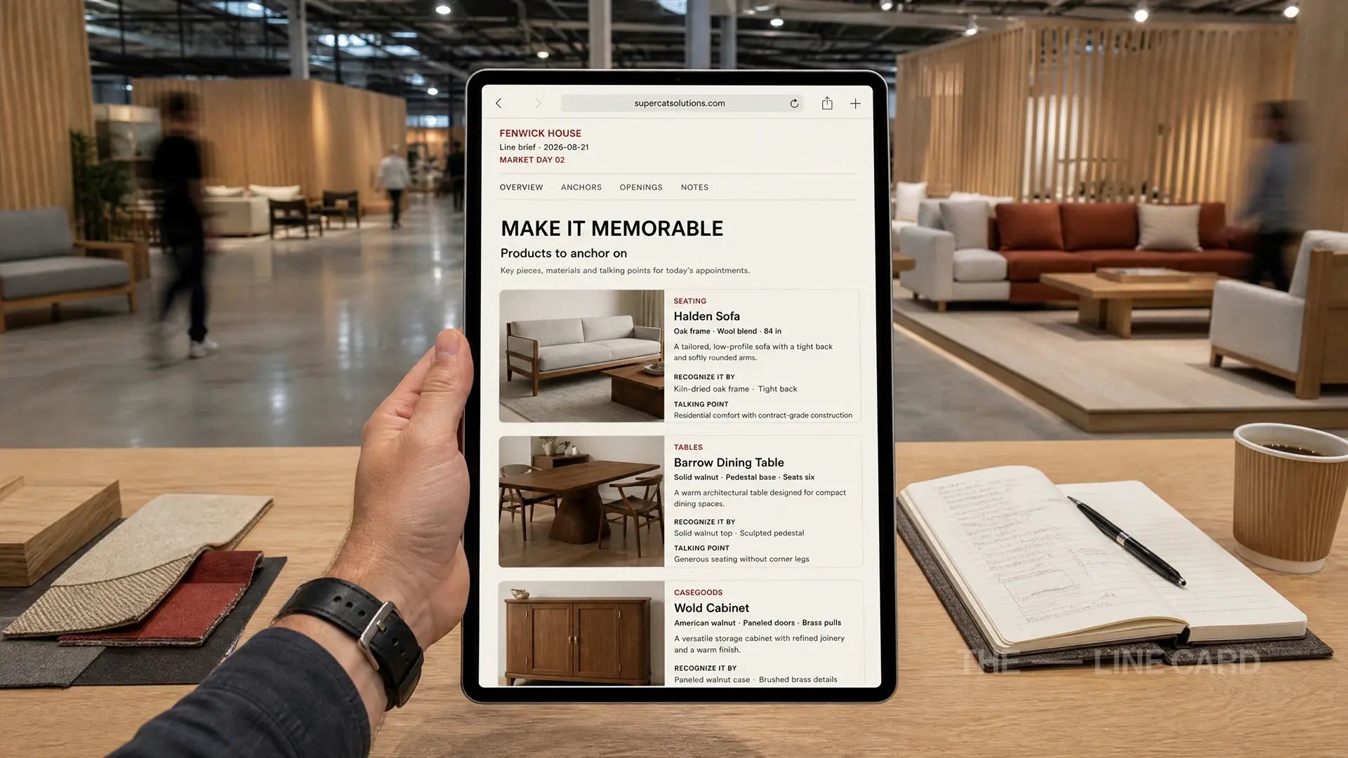 showing product anchors for seating, tables and casegoods at a furniture market