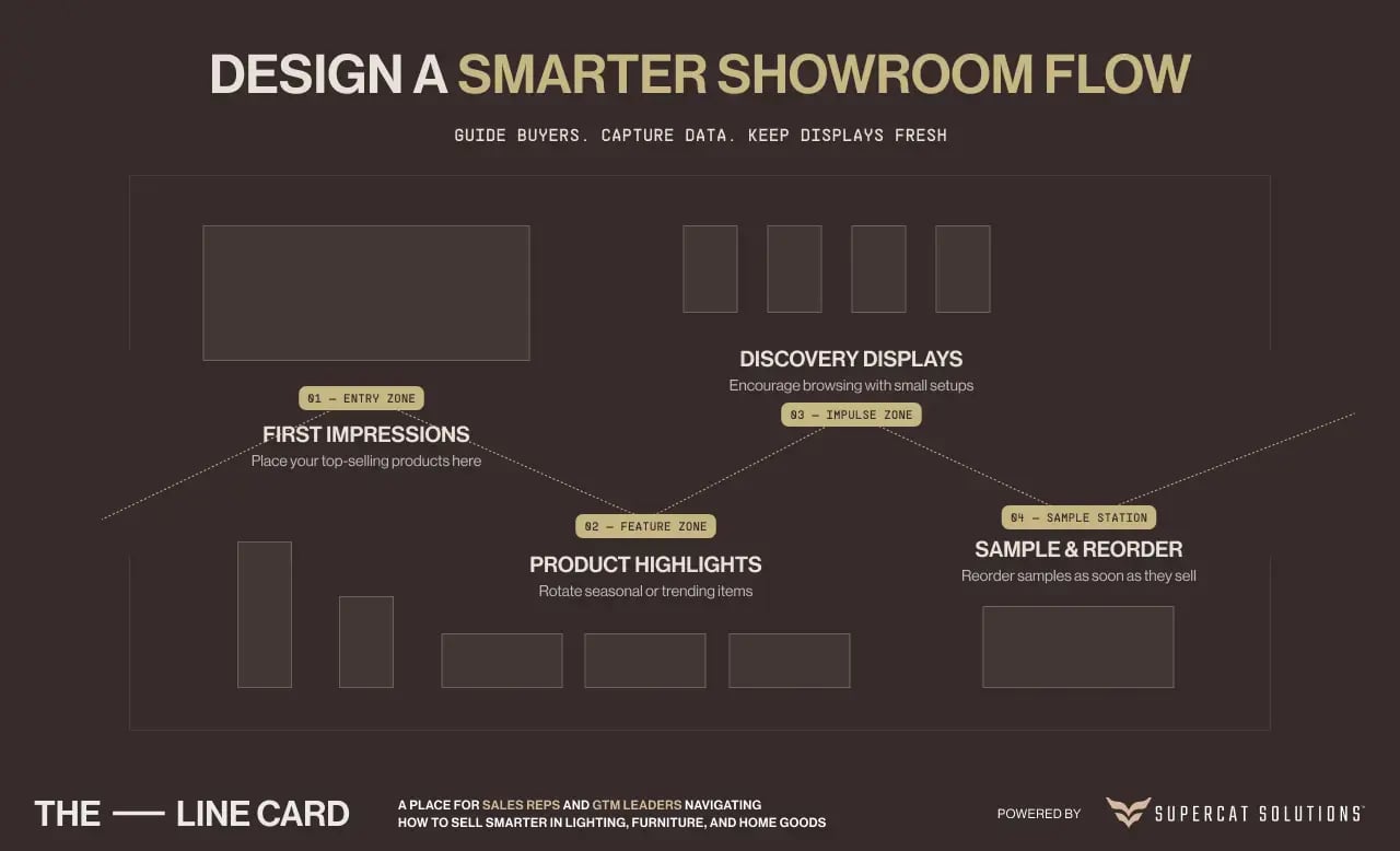 Visual guide showing how to optimize showroom displays with a flow layout that includes entry, feature, impulse, and sample zones.