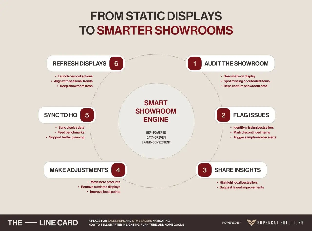 Circular process diagram outlining six key steps to improve showroom displays, from auditing to syncing and refreshing.